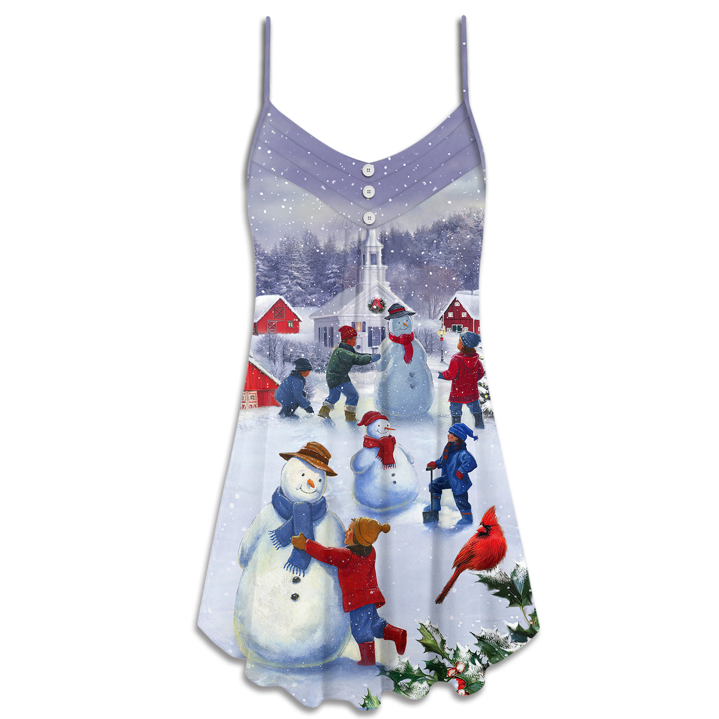 Christmas Children Love Snowman In The Christmas Town - V-neck Sleeveless Cami Dress - Owls Matrix LTD