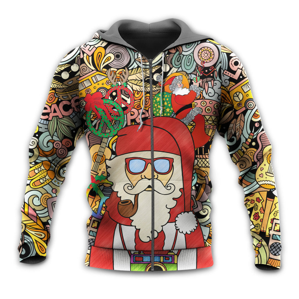 Zip Hoodie / S Christmas Hippie Santa Claus Love & Peace Cartoon Style - Hoodie - Owls Matrix LTD