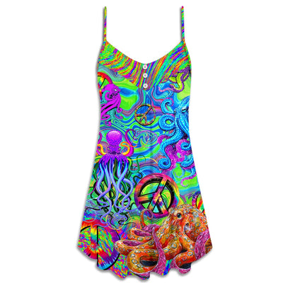 Hippie Funny Octopus Colorful Tie Dye - V-neck Sleeveless Cami Dress - Owls Matrix LTD
