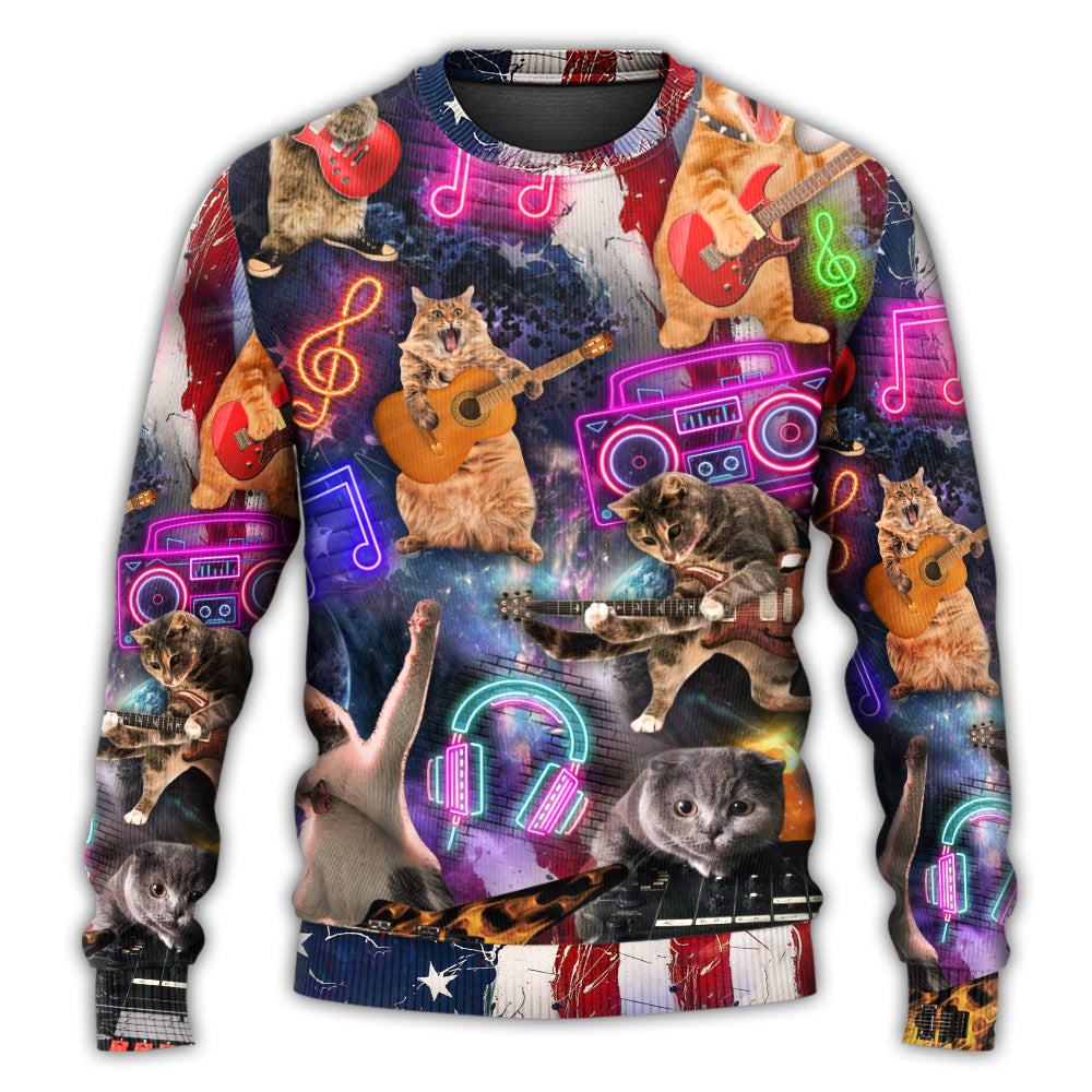 Christmas Sweater / S Cat Independence Day Cat Rocker Happy - Sweater - Ugly Christmas Sweaters - Owls Matrix LTD