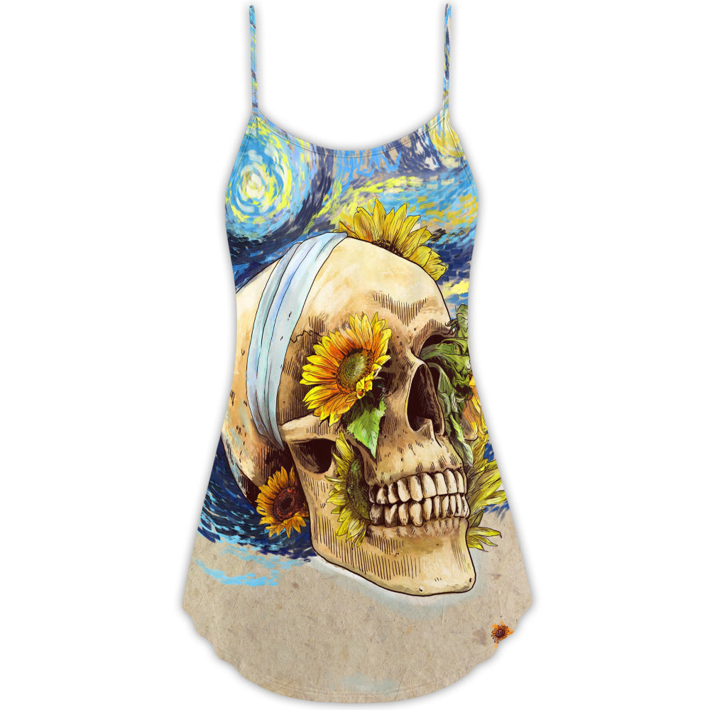 Skull And Sunflower Vintage Amazing Starry Night - V-neck Sleeveless Cami Dress - Owls Matrix LTD