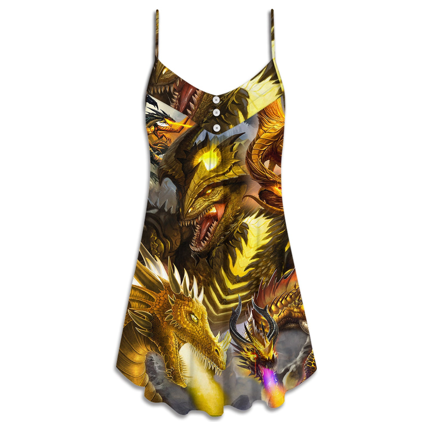 Dragon Gold Skull Lover Fight Art Style - V-neck Sleeveless Cami Dress - Owls Matrix LTD