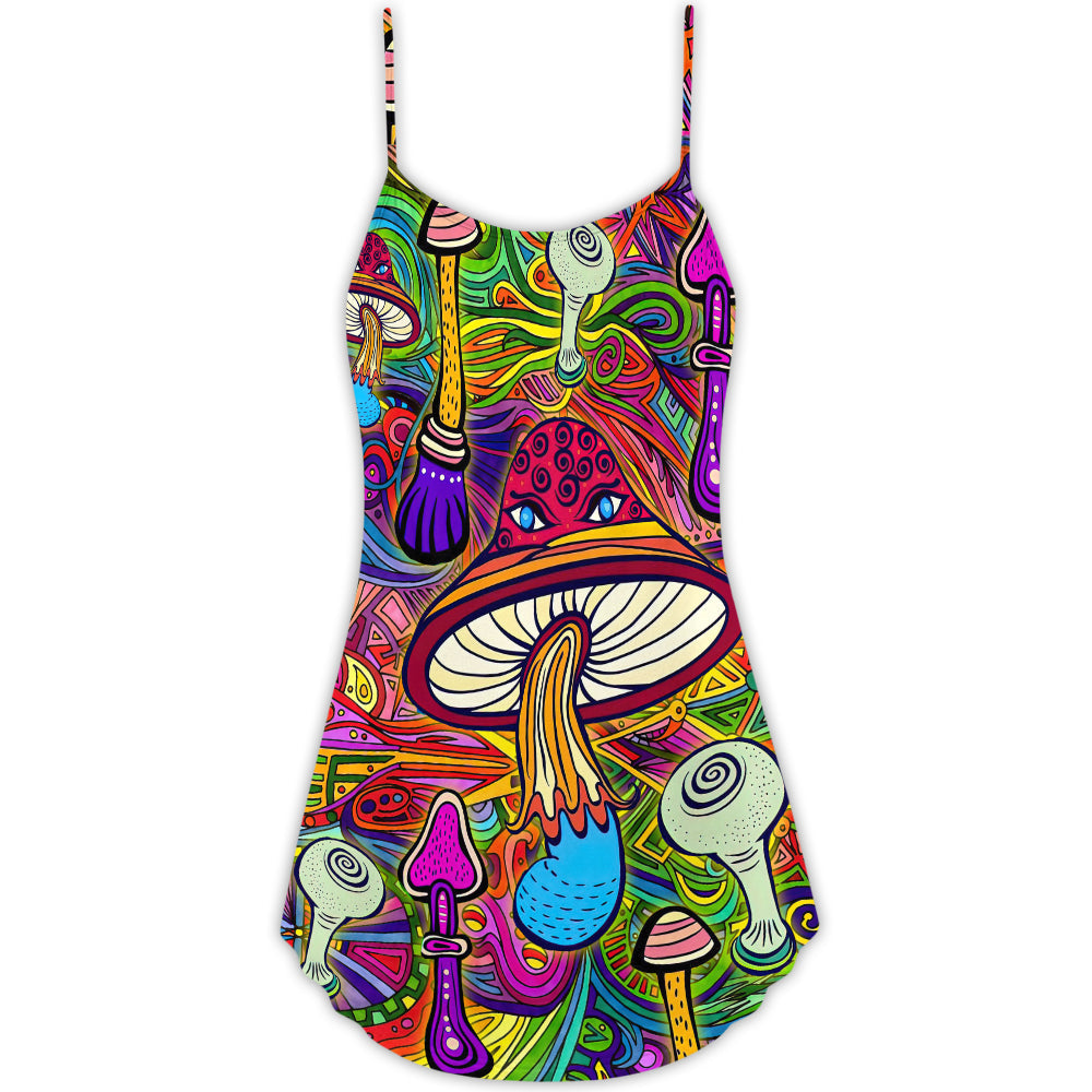 Hippie Mushroom Hypnotizing - V-neck Sleeveless Cami Dress - Owls Matrix LTD