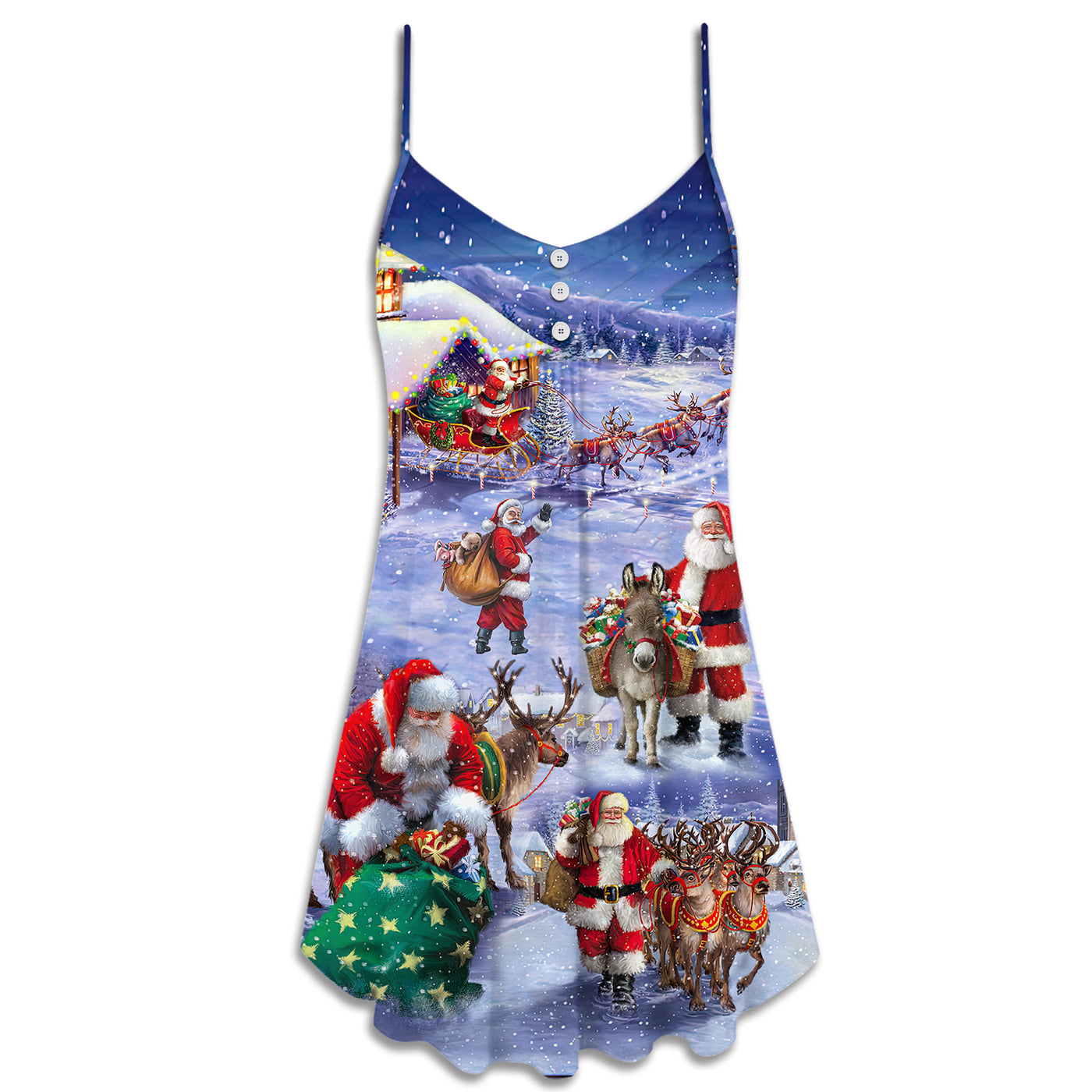 Christmas Santa Claus Story Night Gift For Xmas Painting Style - V-neck Sleeveless Cami Dress - Owls Matrix LTD