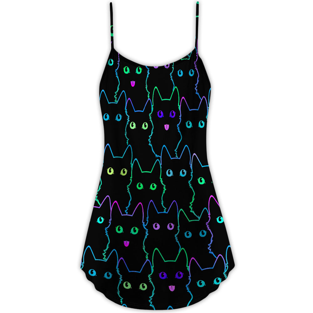Cat Cute Little Kitten Neon - V-neck Sleeveless Cami Dress - Owls Matrix LTD