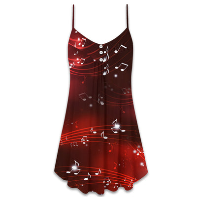 Music Musical Notes And Blurry Lights On Dark Red - V-neck Sleeveless Cami Dress - Owls Matrix LTD
