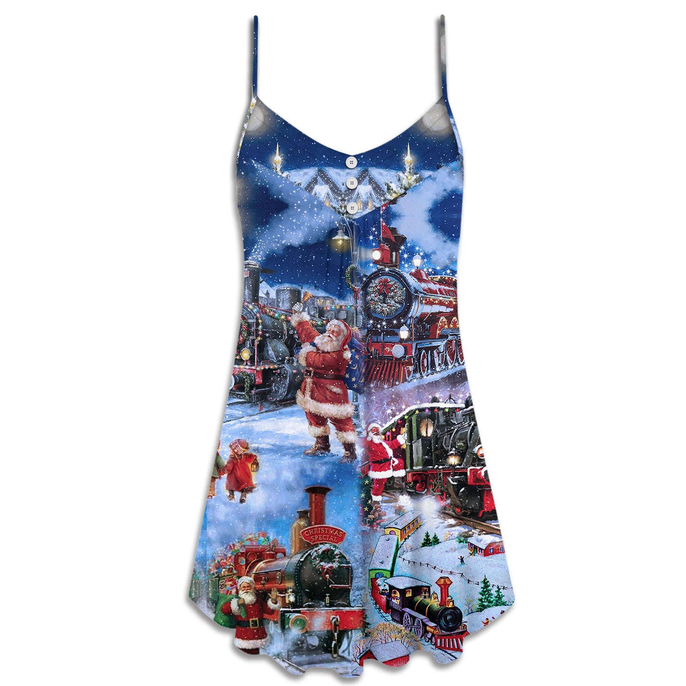 Christmas Santa And Train Happiness - V-neck Sleeveless Cami Dress - Owls Matrix LTD
