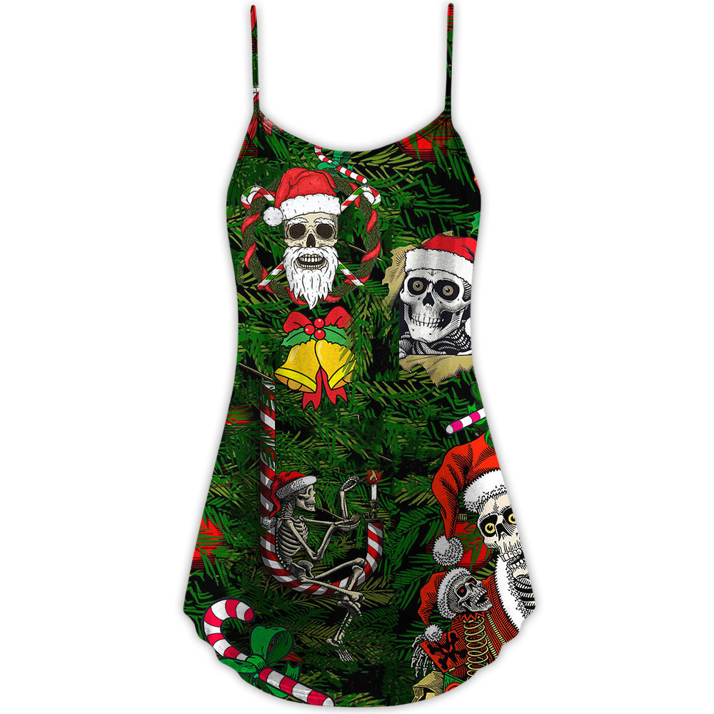 Christmas Skull Merry Xmas Happy - V-neck Sleeveless Cami Dress - Owls Matrix LTD