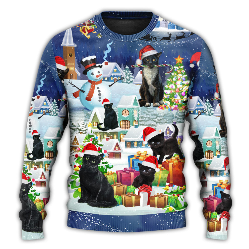 Christmas Sweater / S Christmas Black Cat Merry Catmas - Sweater - Ugly Christmas Sweaters - Owls Matrix LTD