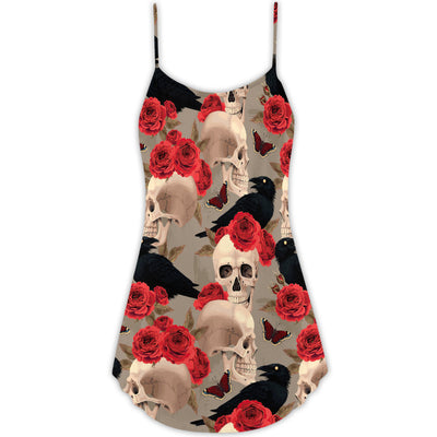 Skull With Rose Flower And Raven Gothic Style - V-neck Sleeveless Cami Dress - Owls Matrix LTD