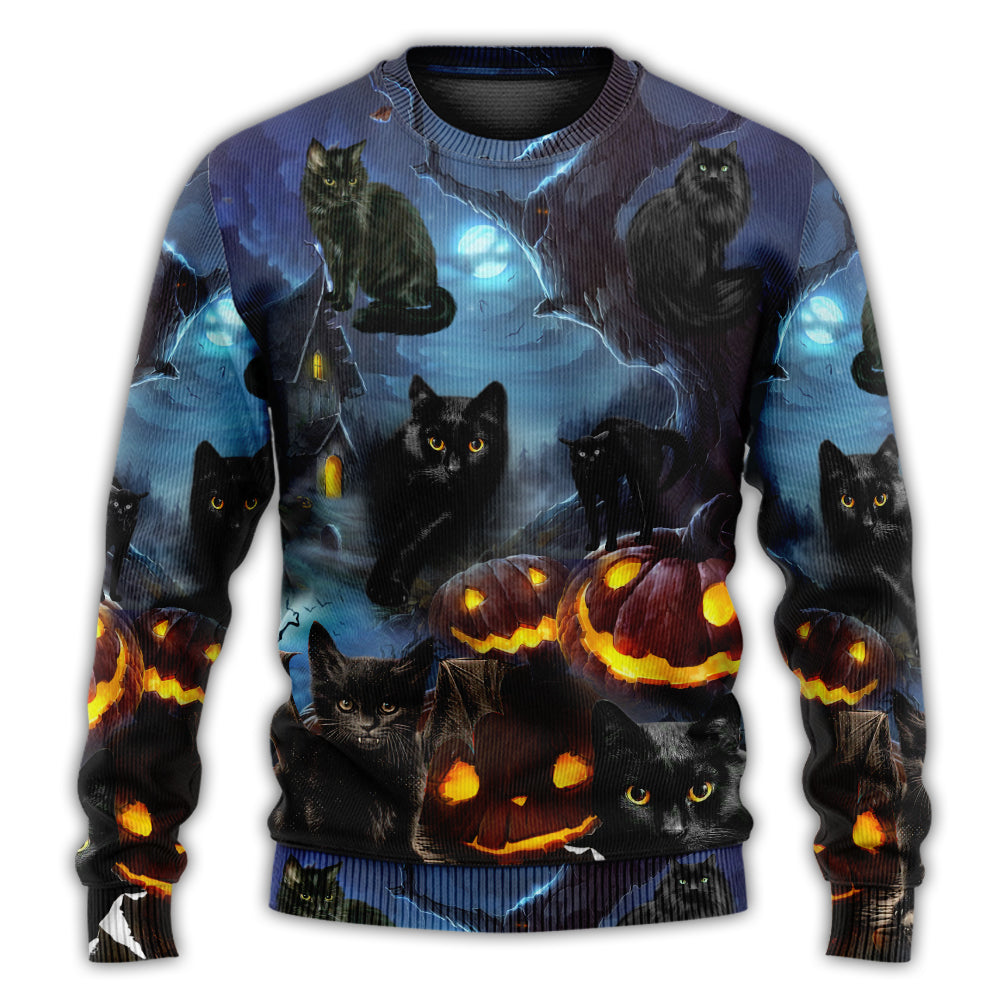 Christmas Sweater / S Halloween Black Cat Dark Night Style - Sweater - Ugly Christmas Sweaters - Owls Matrix LTD