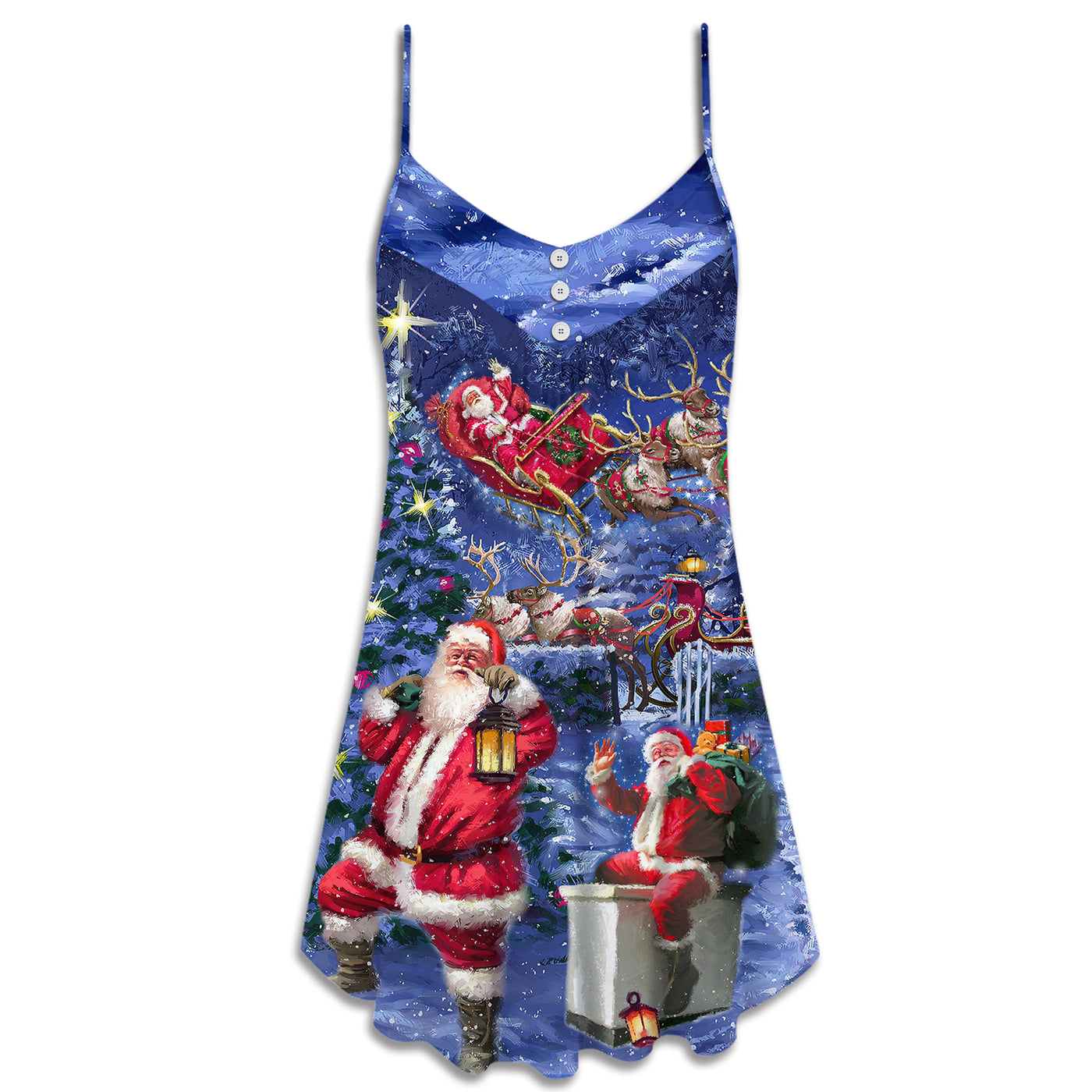 Christmas Santa Claus Chilling Happy Xmas Light Art Style - V-neck Sleeveless Cami Dress - Owls Matrix LTD