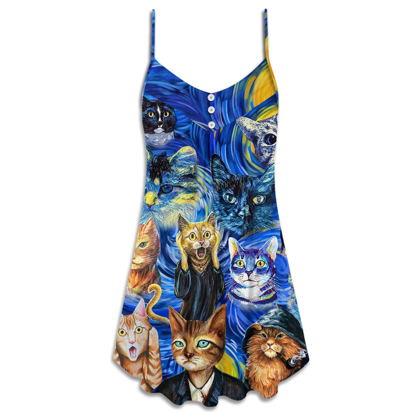 Cat Starry Night Funny Cat Painting Art Style - V-neck Sleeveless Cami Dress - Owls Matrix LTD