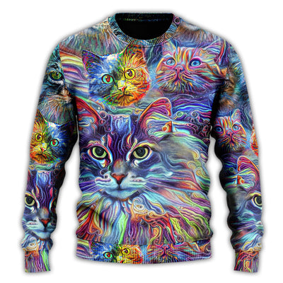Christmas Sweater / S Cat Art Hippie Lover Cat Colorful - Sweater - Ugly Christmas Sweaters - Owls Matrix LTD