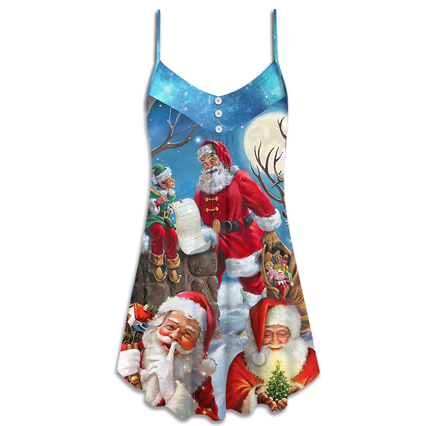 Christmas Funny Santa Claus Elf Xmas Is Coming Blue Sky Art Style - V-neck Sleeveless Cami Dress - Owls Matrix LTD