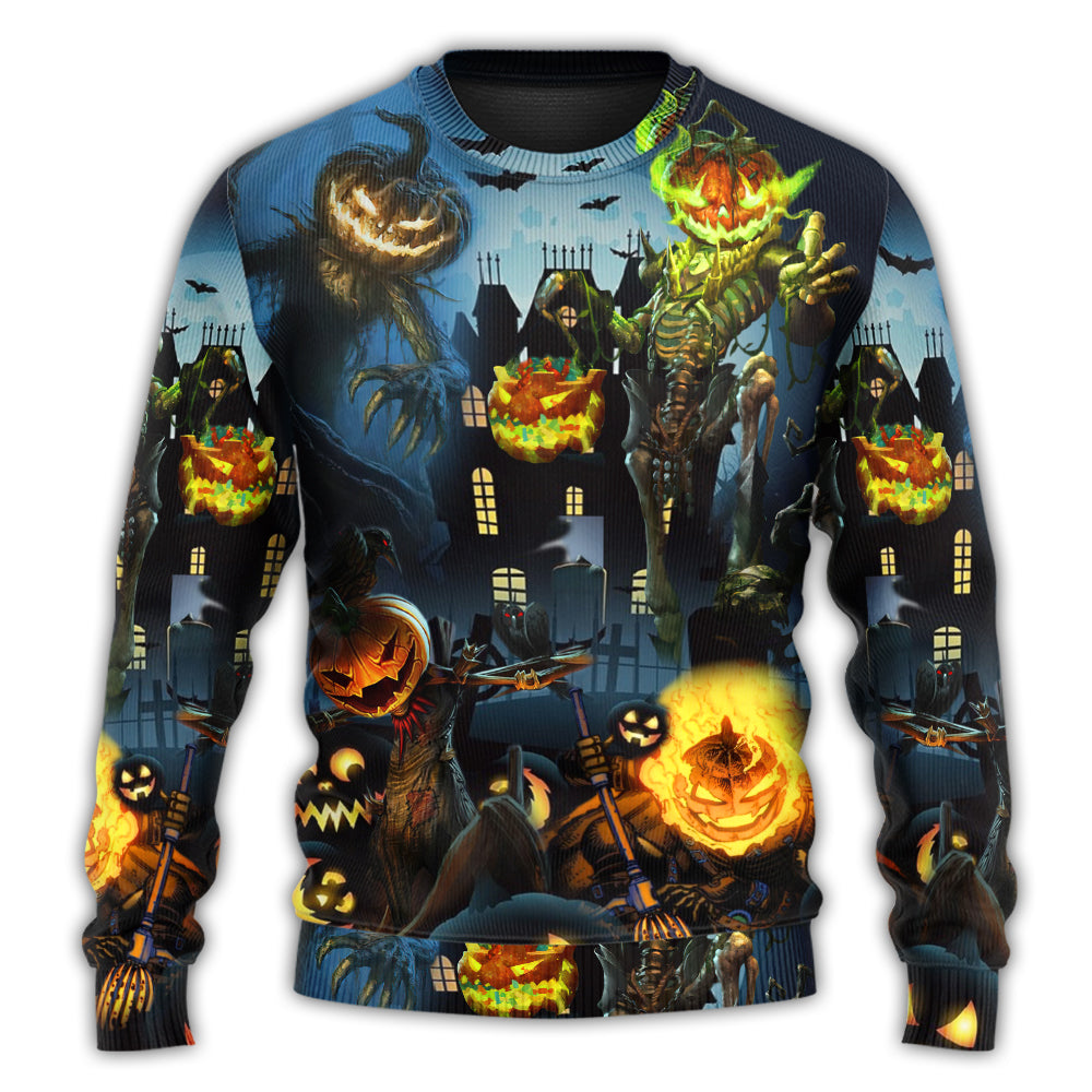 Halloween Pumpkin Scary Sky Night - Sweater - Ugly Christmas Sweaters - Owls Matrix LTD
