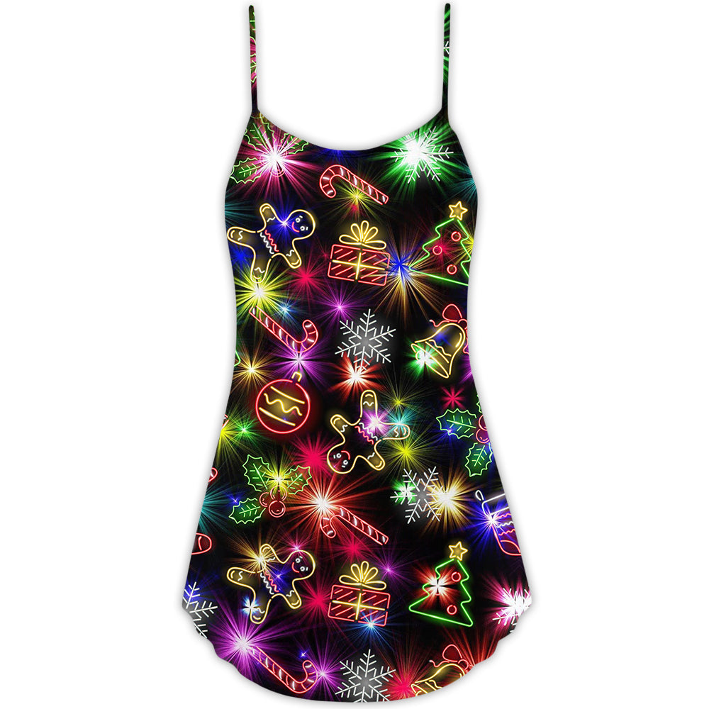 Christmas With Tree And Gift Cookies Gingerbread Man Neon Style - V-neck Sleeveless Cami Dress - Owls Matrix LTD