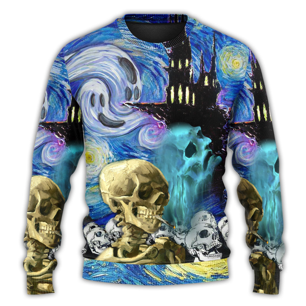 Christmas Sweater / S Halloween Skull Smoke Scream Starry Night Funny Boo Art Style - Sweater - Ugly Christmas Sweaters - Owls Matrix LTD