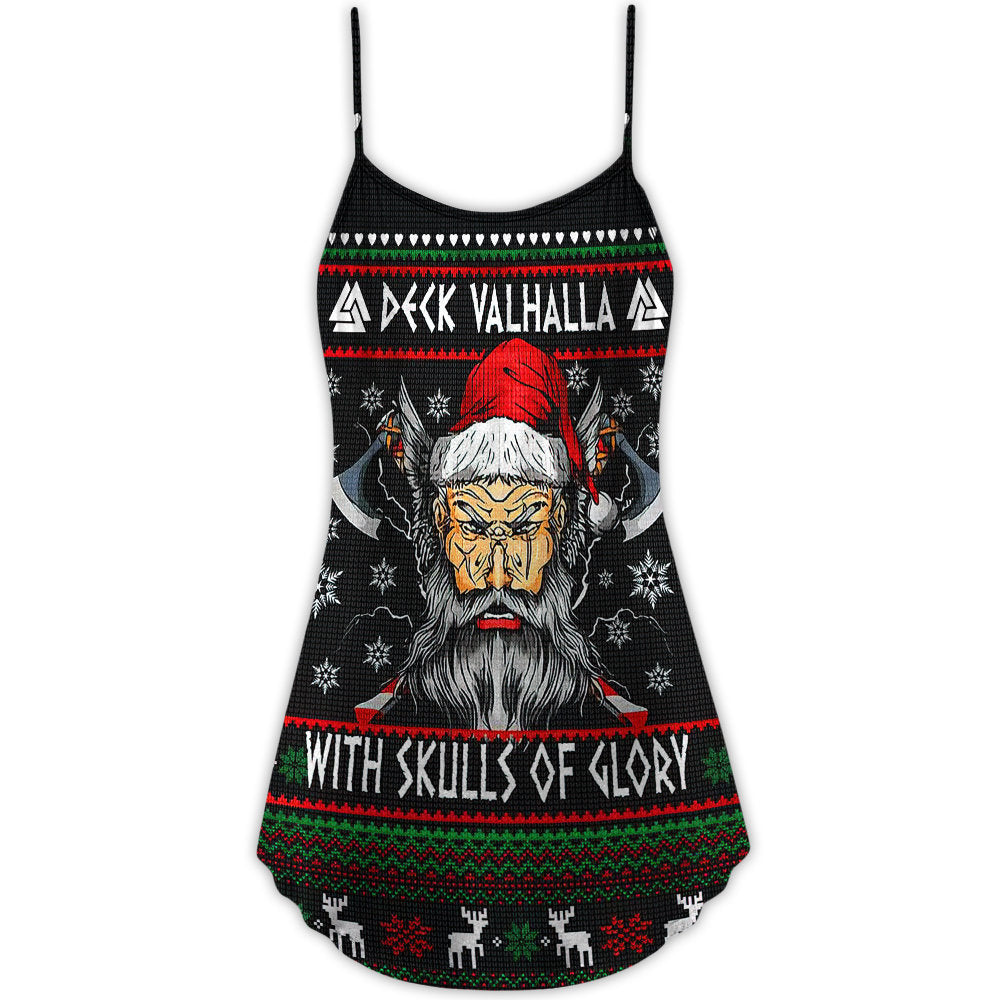 Christmas Deck Valhalla With Skull Of Glory - V-neck Sleeveless Cami Dress - Owls Matrix LTD