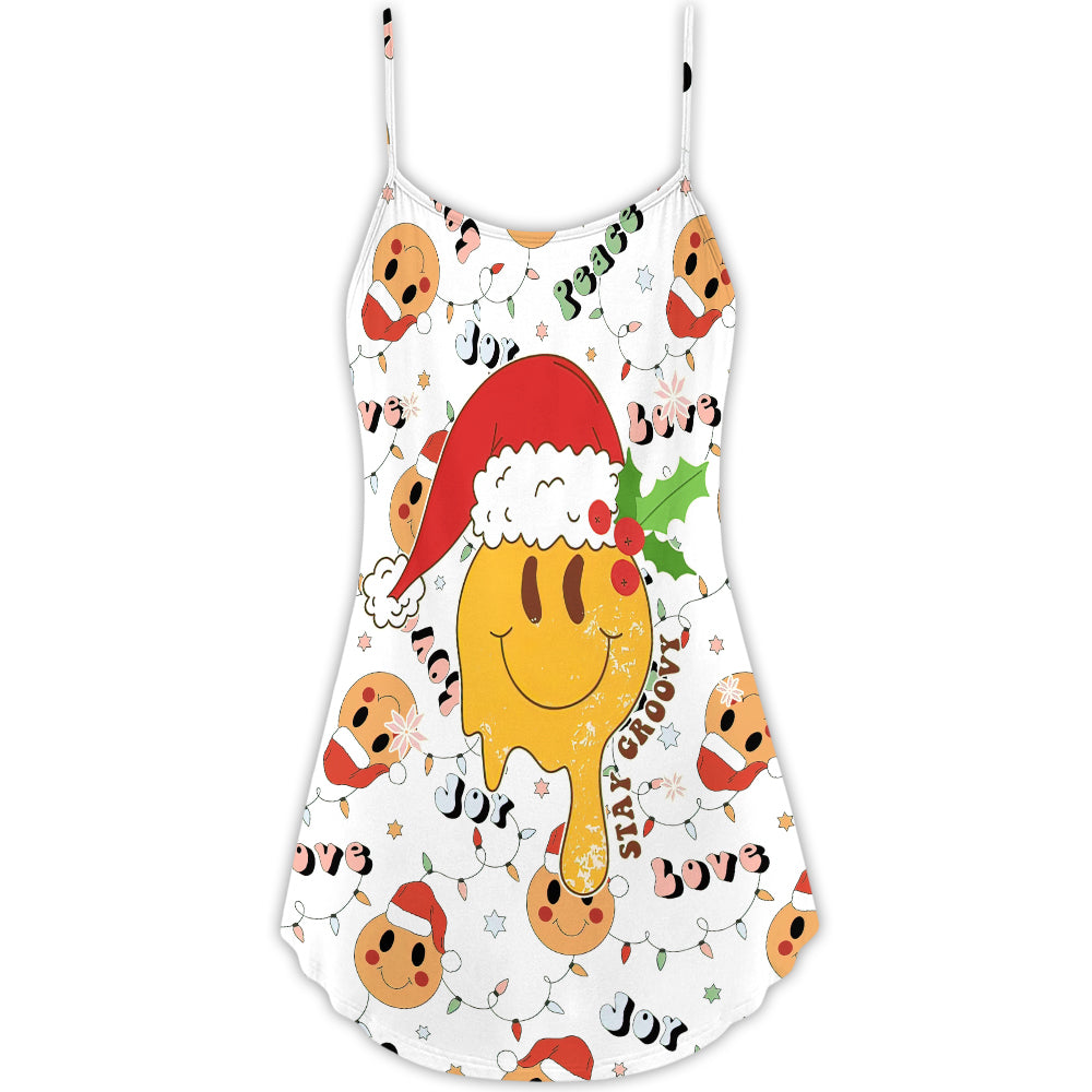 Christmas Hippie Groovy Santa Claus Smile Face - V-neck Sleeveless Cami Dress - Owls Matrix LTD