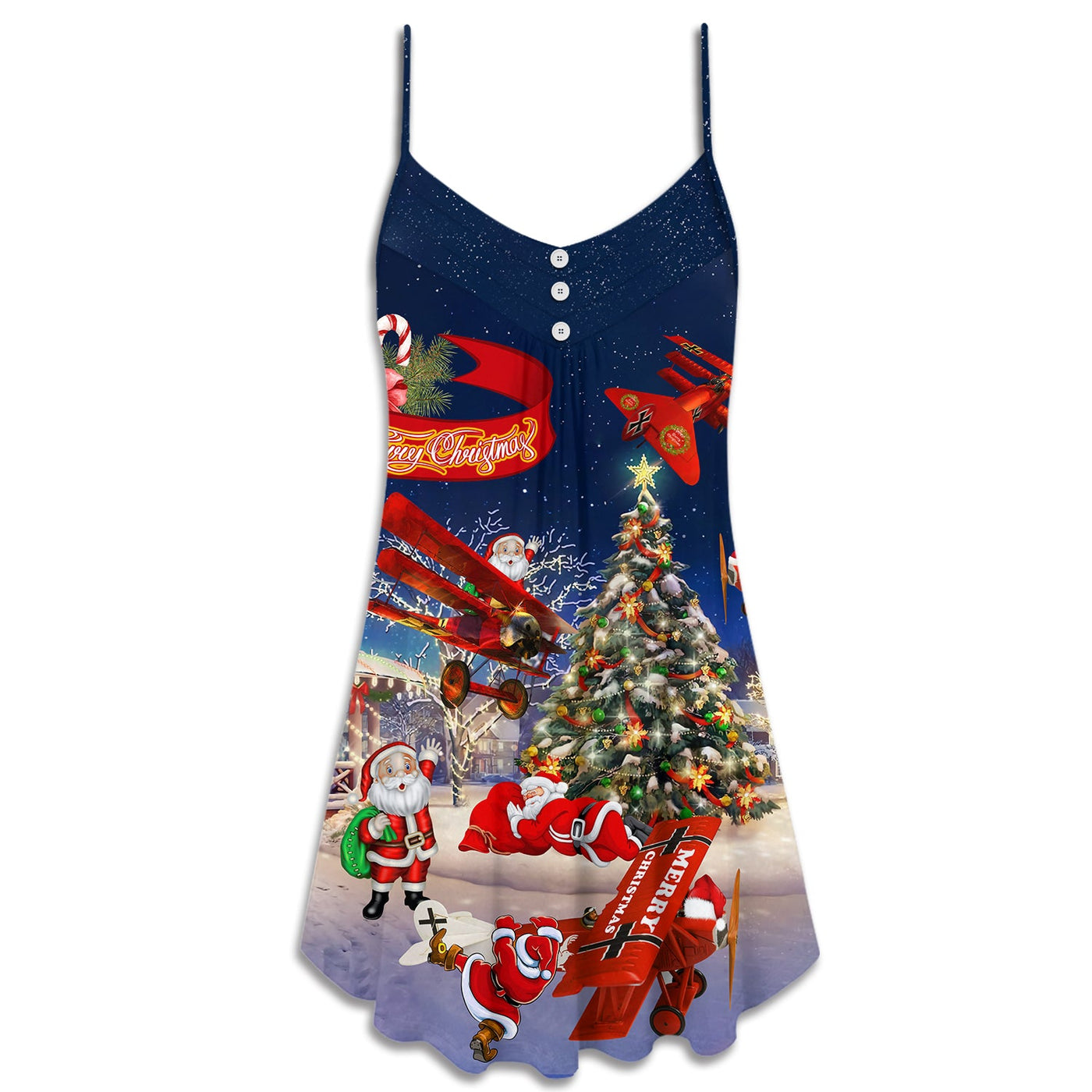 Christmas No Reindeer Any More Santa Loves Airplane - V-neck Sleeveless Cami Dress - Owls Matrix LTD