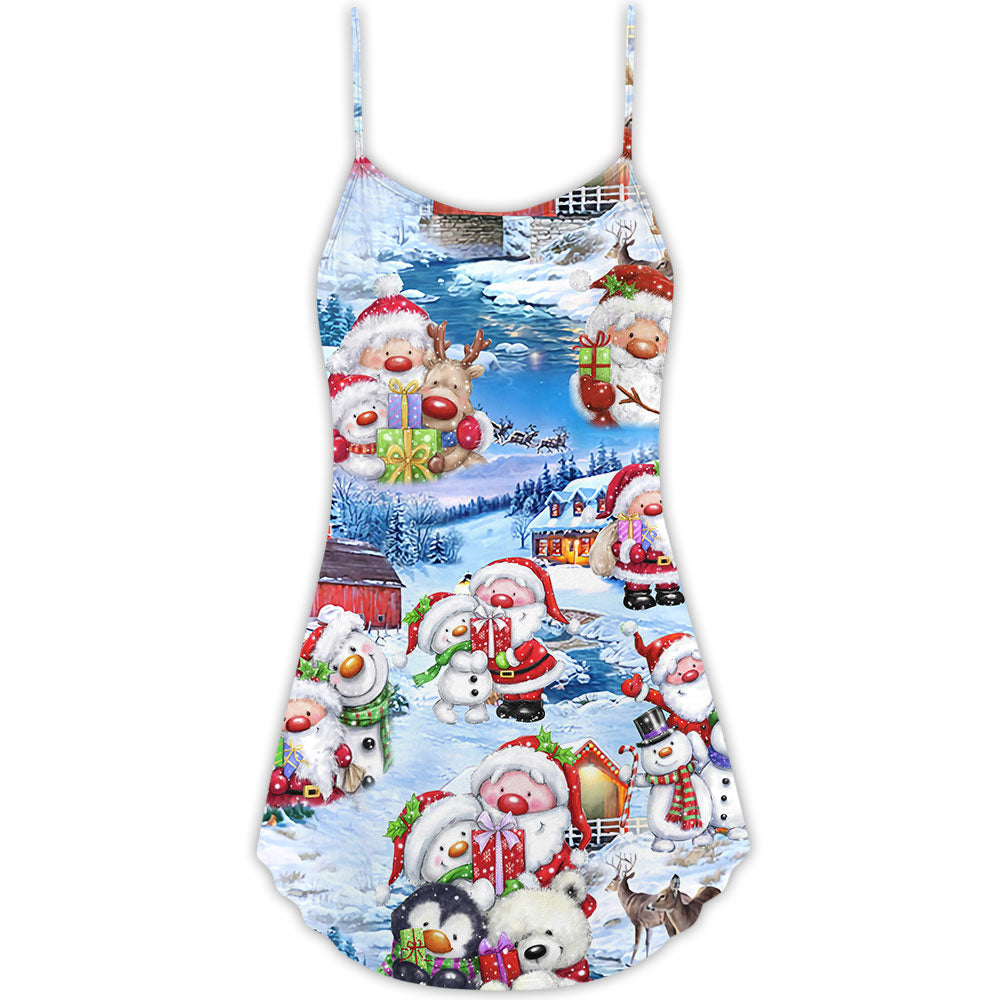 Santa And Snowman Christmas Holiday - V-neck Sleeveless Cami Dress - Owls Matrix LTD