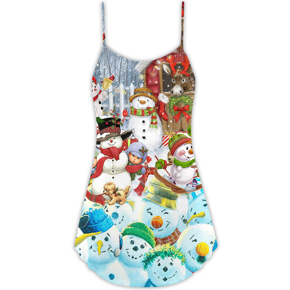 Snowman Happy Farm Holiday Christmas - V-neck Sleeveless Cami Dress - Owls Matrix LTD