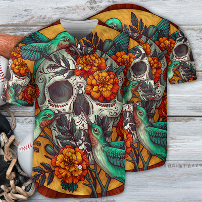 Skull Floral Skull Hummingbird - Baseball Jersey - Owls Matrix LTD