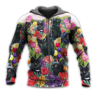 Zip Hoodie / S Black Cat Love Flowers Colorful - Hoodie - Owls Matrix LTD