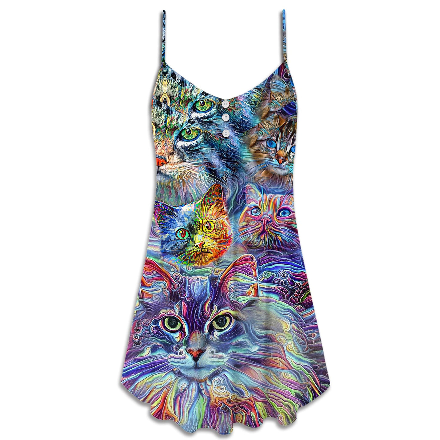 Cat Art Hippie Lover Cat Colorful - V-neck Sleeveless Cami Dress - Owls Matrix LTD