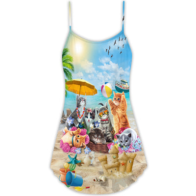 Cat Happy Love Beach Sunshine - V-neck Sleeveless Cami Dress - Owls Matrix LTD