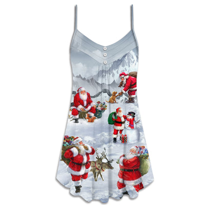 Christmas Santa Claus In The Snow Mountain Art Style - V-neck Sleeveless Cami Dress - Owls Matrix LTD