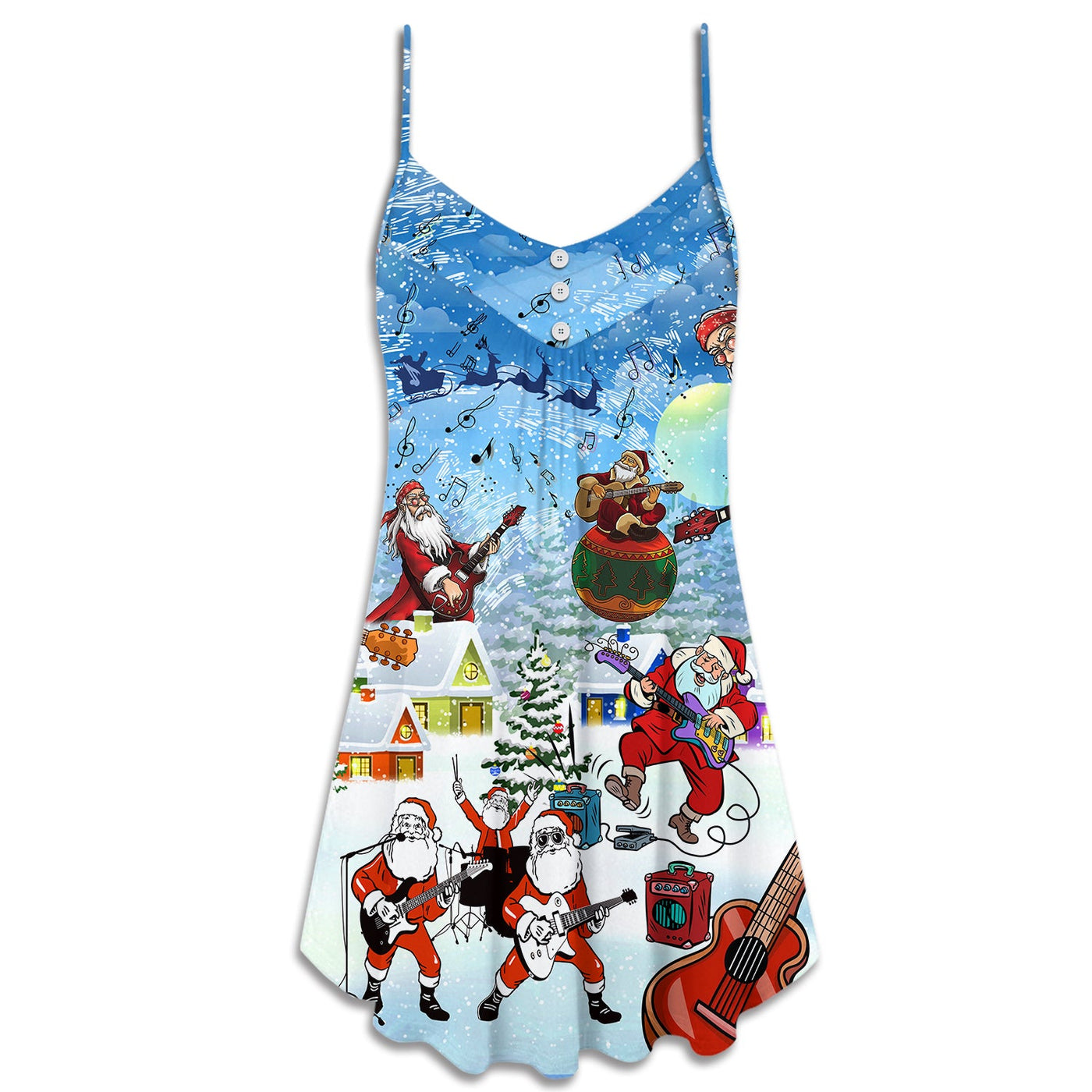 Christmas Santa Loves Music And Guitar - V-neck Sleeveless Cami Dress - Owls Matrix LTD
