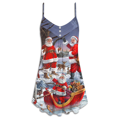 Christmas Funny Santa Claus Happy Xmas Is Coming Art Style Type - V-neck Sleeveless Cami Dress - Owls Matrix LTD