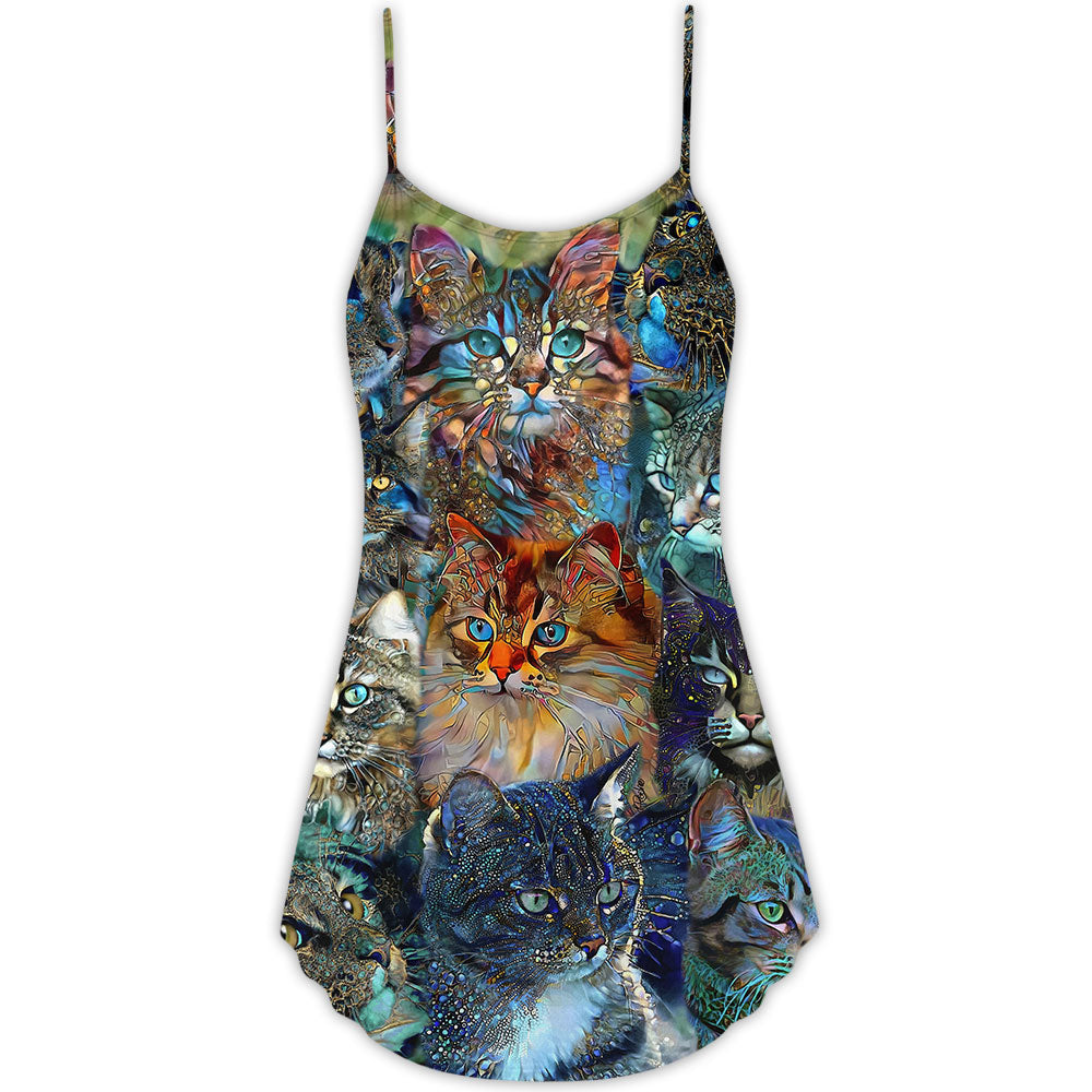 Cat Glass Art Colorful Cat Lover - V-neck Sleeveless Cami Dress - Owls Matrix LTD