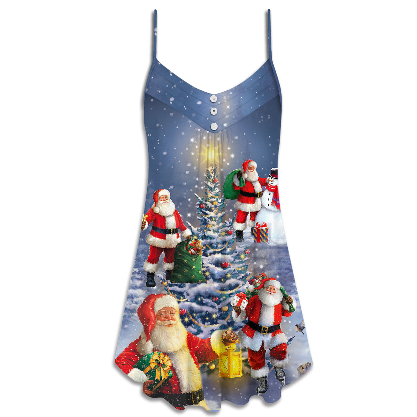 Christmas Santa Claus In Love Light Xmas Tree - V-neck Sleeveless Cami Dress - Owls Matrix LTD