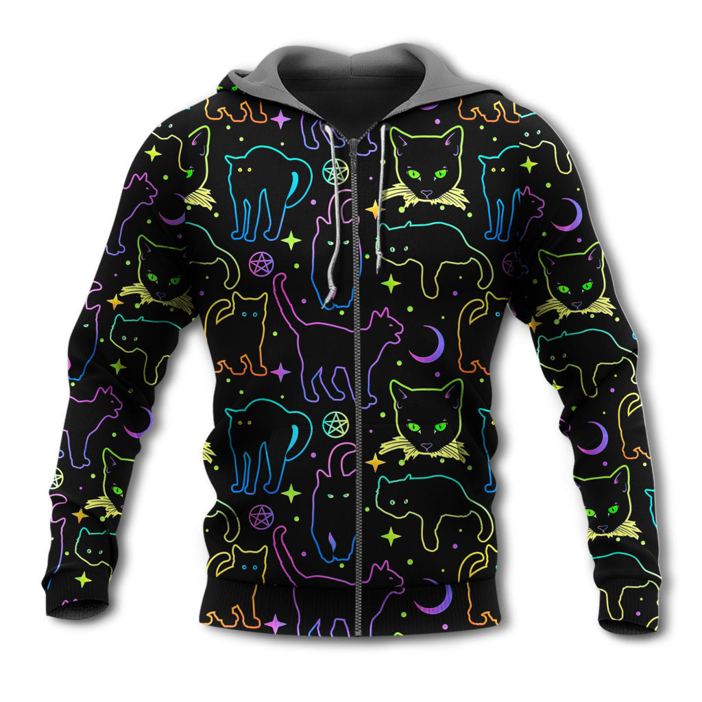 Zip Hoodie / S Cat Neon Colorful Playing With Kitten Magical - Hoodie - Owls Matrix LTD