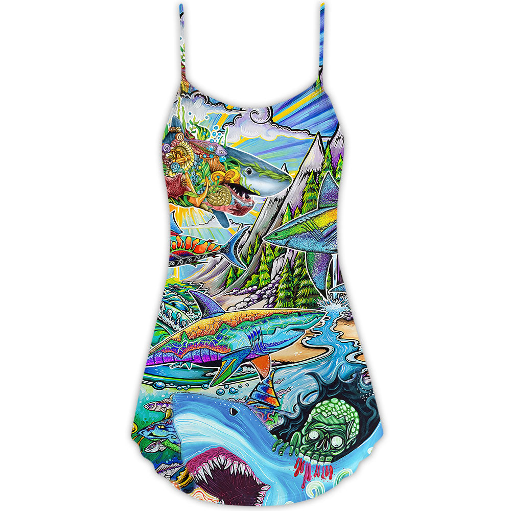 Shark Hippie Colorful Art Peace - V-neck Sleeveless Cami Dress - Owls Matrix LTD