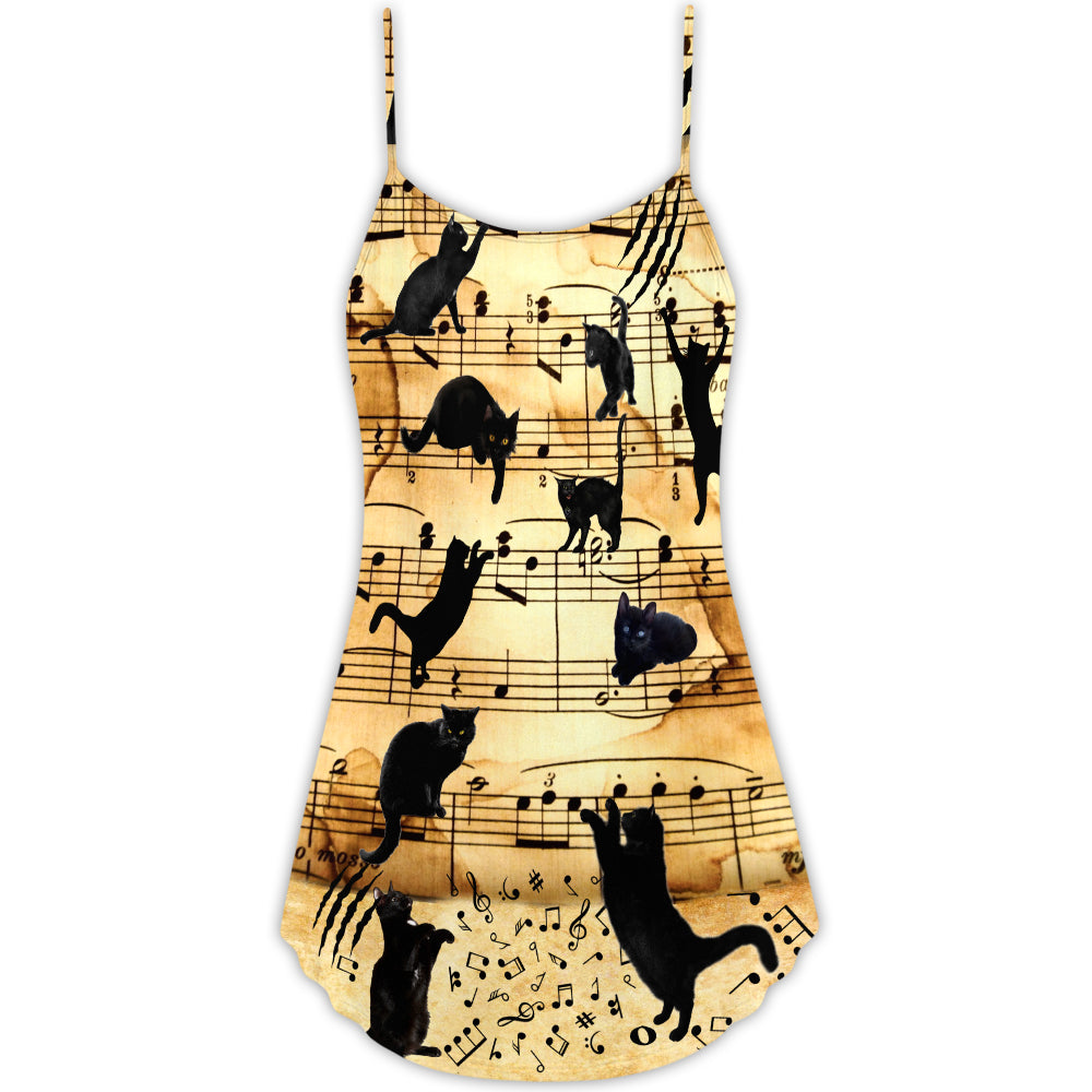 Cat Love Music Note - V-neck Sleeveless Cami Dress - Owls Matrix LTD