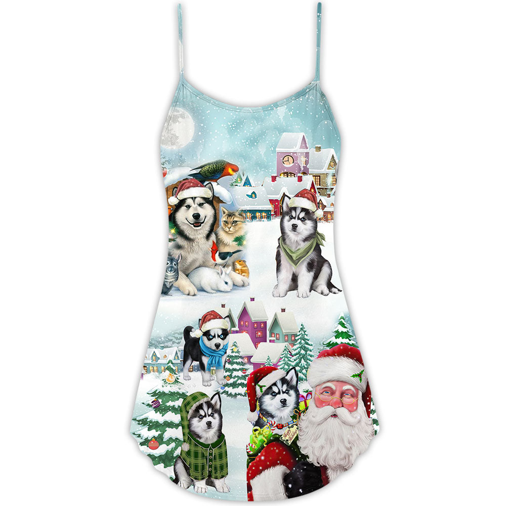 Husky Dogs Merry Christmas Dog Lover - V-neck Sleeveless Cami Dress - Owls Matrix LTD