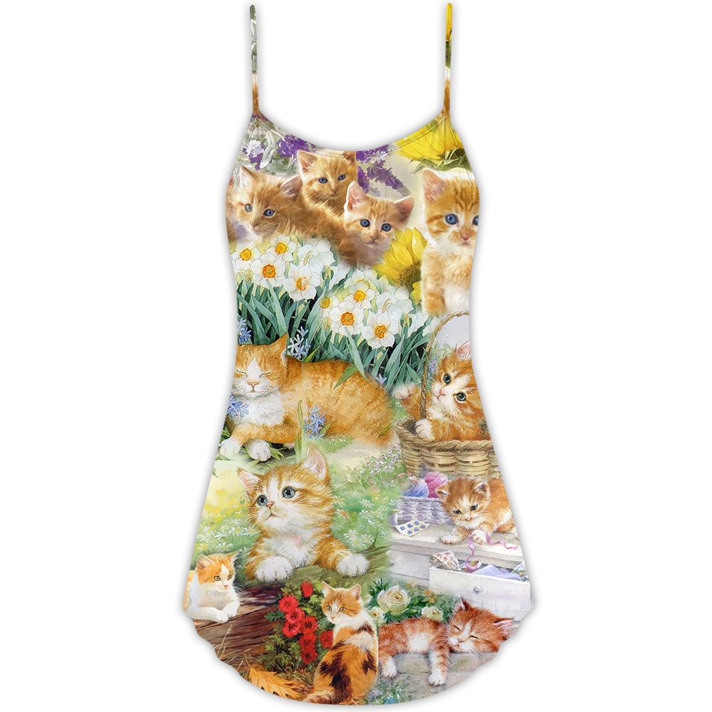 Yellow Cat Kitty Lover Art - V-neck Sleeveless Cami Dress - Owls Matrix LTD