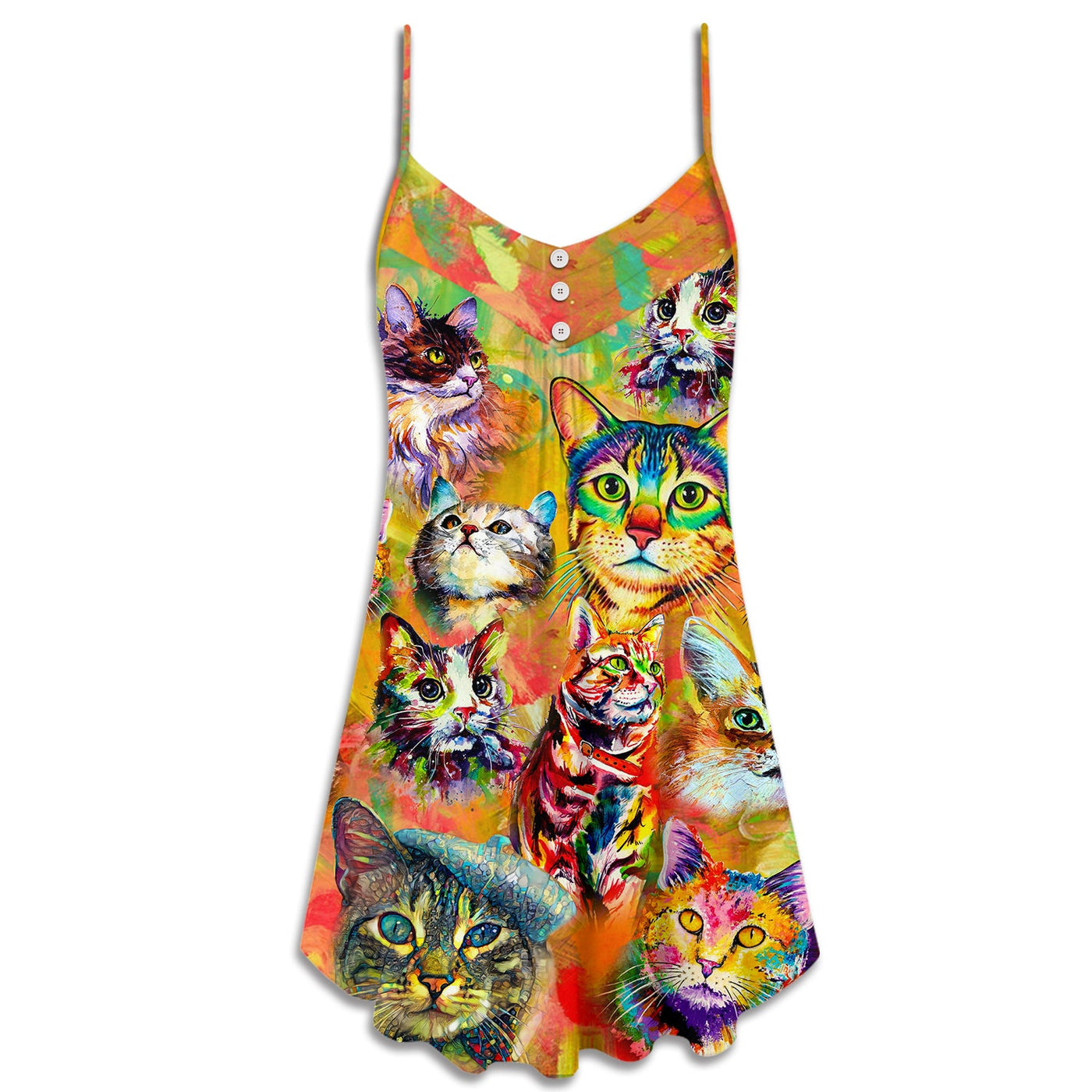 Cat Funny Lover Cat Colorful Painting Art Style - V-neck Sleeveless Cami Dress - Owls Matrix LTD