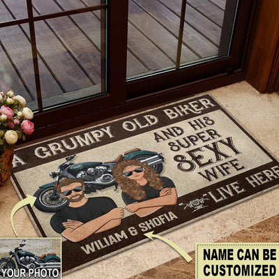 Biker Custom Doormat Grumpy Old Biker And His Super Sexy Wife Live Here Personalized - Doormat - Owls Matrix LTD