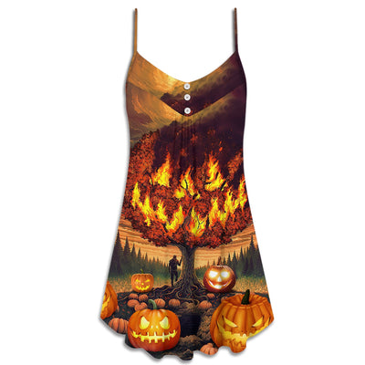 Halloween Pumpkin Burning Crazy Style - V-neck Sleeveless Cami Dress - Owls Matrix LTD