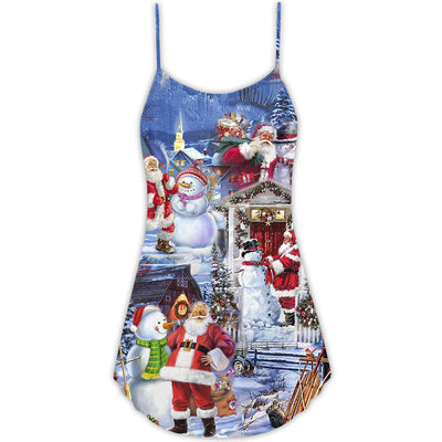 Santa And Snowman Happy Holiday Christmas - V-neck Sleeveless Cami Dress - Owls Matrix LTD