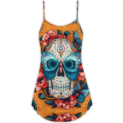 Skull And Butterfly Abstract Vintage Colorful - V-neck Sleeveless Cami Dress - Owls Matrix LTD