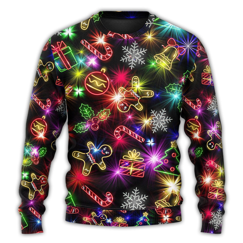 Christmas Sweater / S Christmas With Tree And Gift Cookies Gingerbread Man Neon Style New - Sweater - Ugly Christmas Sweaters - Owls Matrix LTD