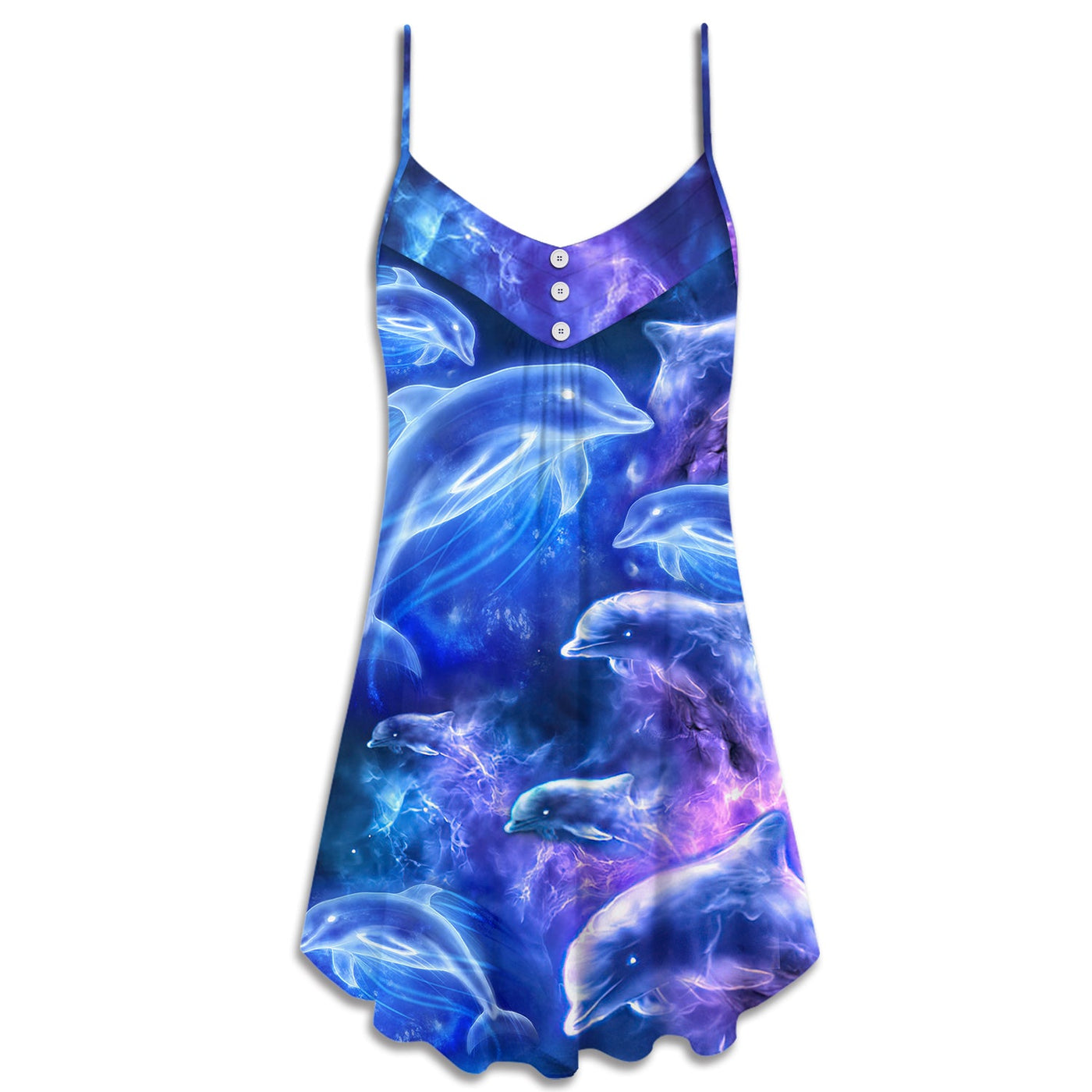 Dolphin Galaxy Neon Glow Style - V-neck Sleeveless Cami Dress - Owls Matrix LTD