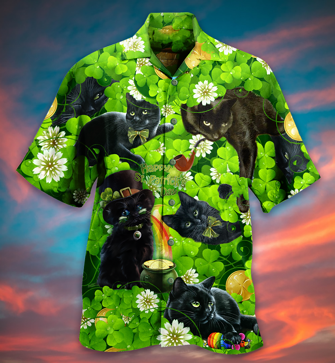 Black Cat Love Green - Hawaiian Shirt - Owls Matrix LTD