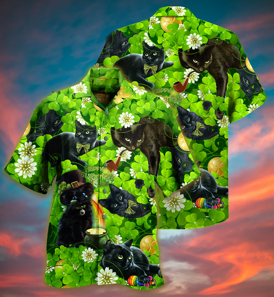Black Cat Love Green Leaf - Hawaiian Shirt - Owls Matrix LTD